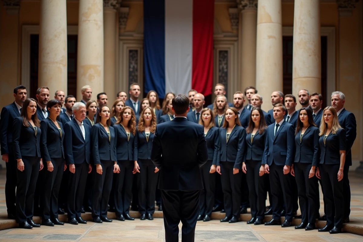 Chœur en tenue officielle chantant la Marseillaise lors d'une cérémonie dans une salle municipale française ornée de colonnes et d'un drapeau tricolore