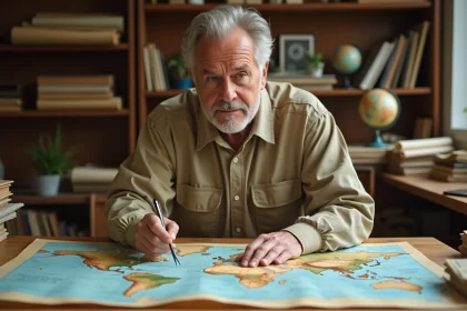 Géographe étudiant une carte des fleuves du monde sur une table de laboratoire cartographique