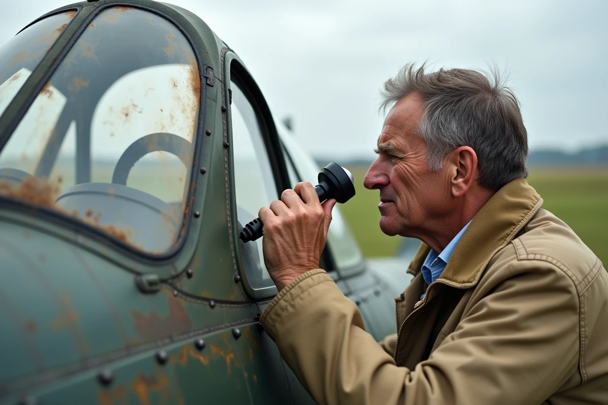 Historien examinant la verrière caractéristique d'un Bf 109 G authentique lors d'un meeting aérien, détail du cockpit d'époque