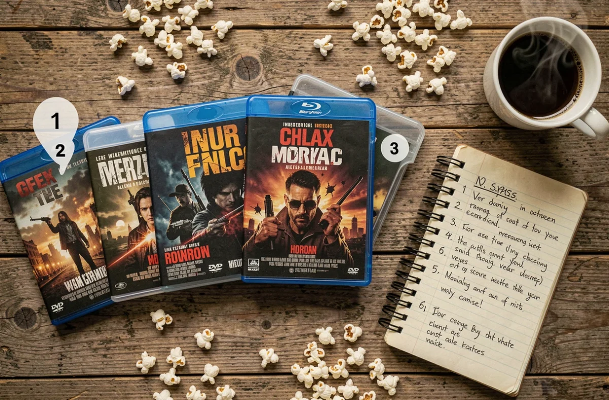 Vue aérienne de coffrets de films organisés en ordre de visionnage sur une table en bois avec cahier de notes
