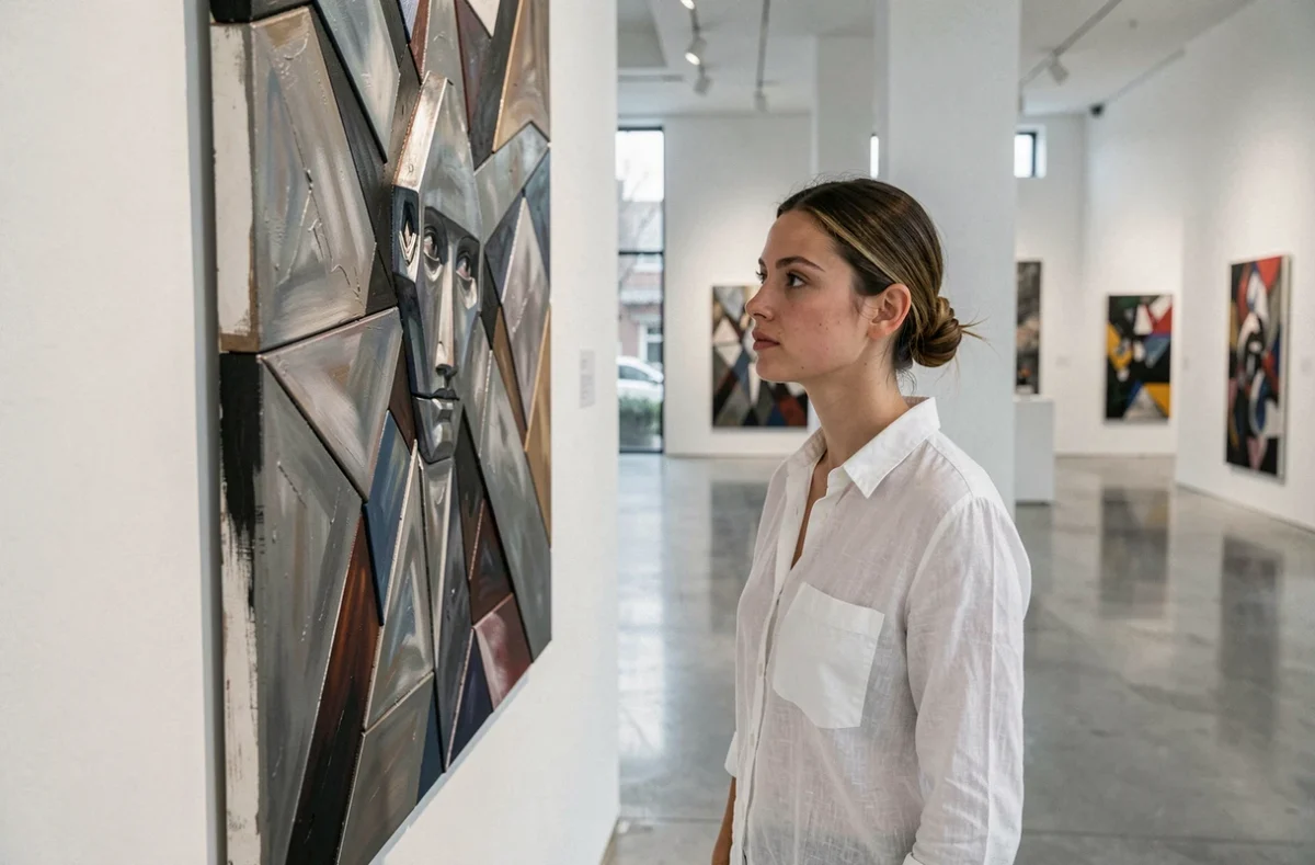 Jeune collectionneuse contemplant une peinture futuriste aux formes géométriques dans une galerie d'art contemporain