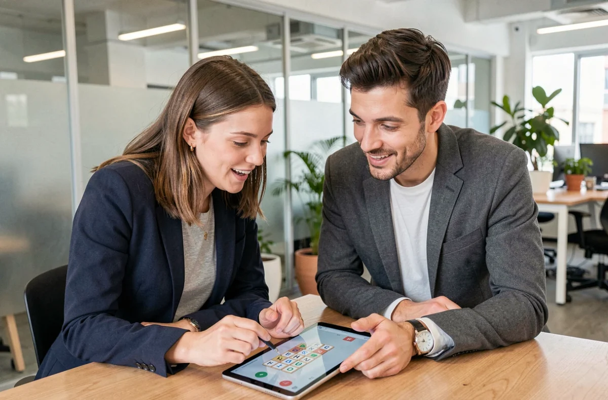 Deux collègues en coworking collaborant sur une stratégie avancée pour gagner au Pédantix sur une tablette partagée