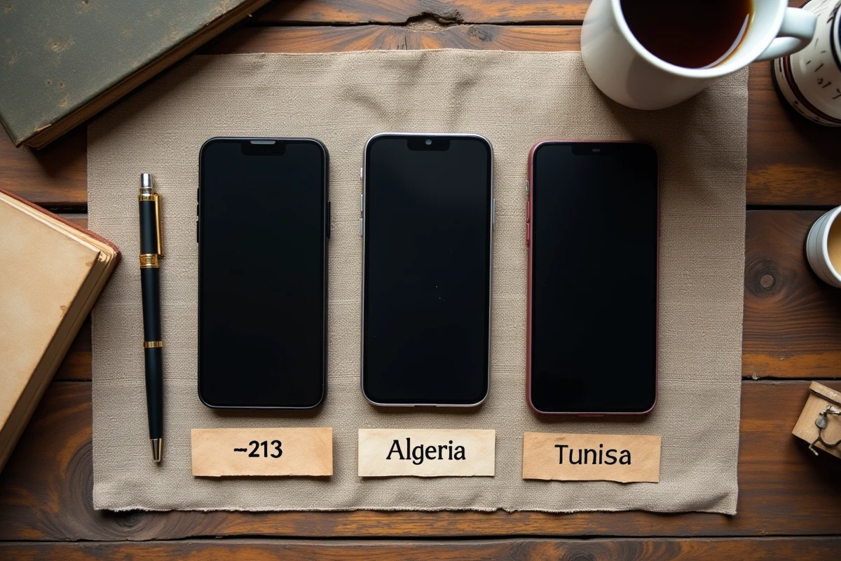 Comparaison des indicatifs téléphoniques du Maghreb +212 +213 +216 sur trois smartphones posés côte à côte