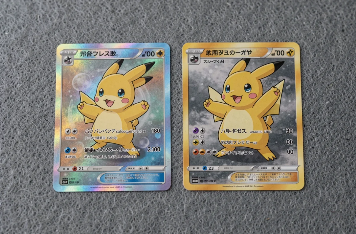 Comparaison côte à côte d'une vraie carte Pokémon et d'une contrefaçon sur surface en feutre gris