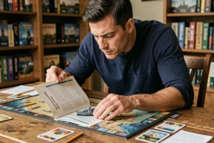 Homme adulte étudiant les règles d'un jeu de bataille navale sur une table en bois avec des pions et un livret de règles