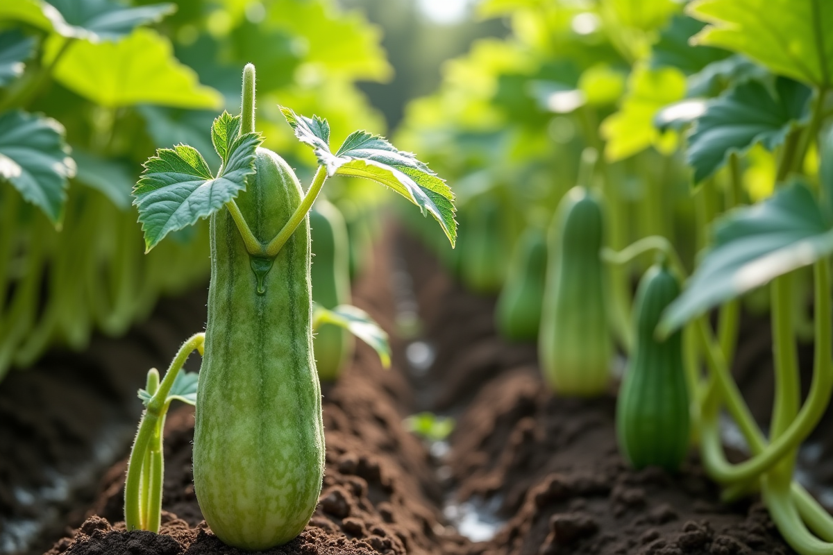Jeunes plants de concombre fraîchement arrosés dans un jardin en plein air