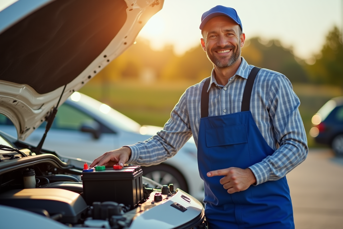 Conducteur souriant pointant la nouvelle batterie sous le capot de la voiture