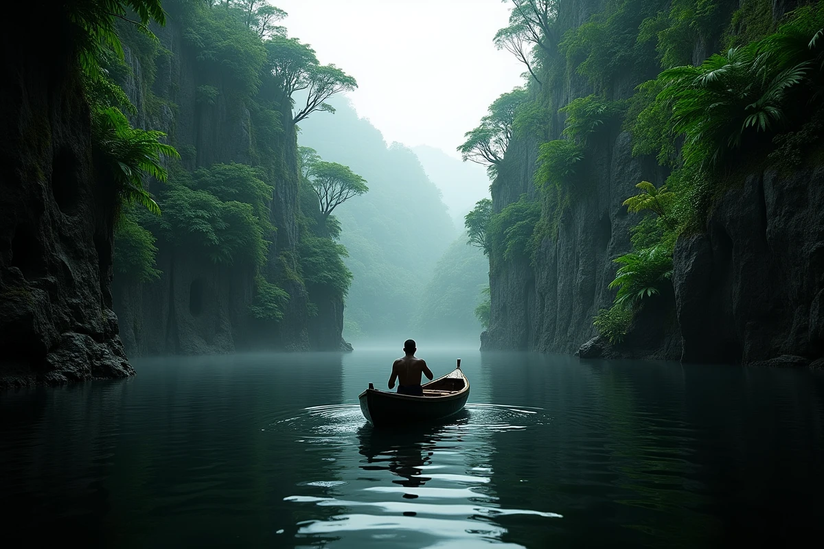 Le fleuve Congo traversant un canyon basaltique profond bordé de jungle équatoriale avec une pirogue locale