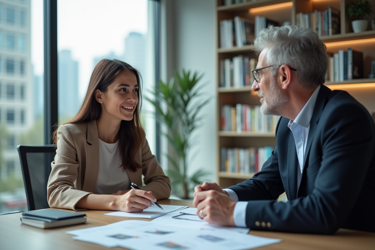 Jeune femme rencontrant un conseiller financier dans un bureau moderne