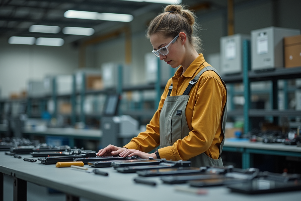 Femme responsable inspectant des appareils électroniques reconditionnes