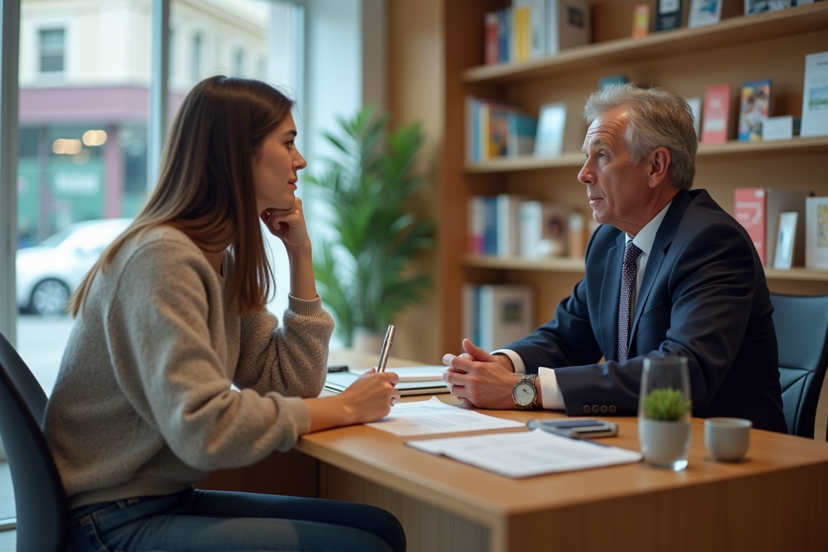 Jeune femme discutant avec un conseiller bancaire dans une agence