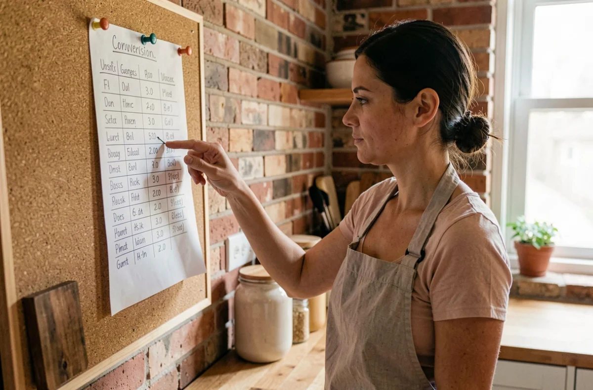 Femme consultant un tableau de conversion kilogrammes en tonnes dans une cuisine chaleureuse