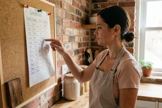 Femme consultant un tableau de conversion kilogrammes en tonnes dans une cuisine chaleureuse