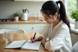 Femme écrivant des conversions litres en centilitres dans un carnet avec un verre doseur sur une table en bois