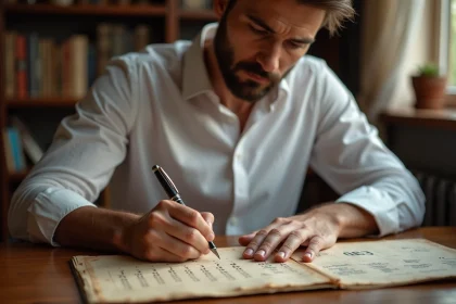 Homme écrivant des chiffres romains à la plume sur du parchemin à côté d'un calendrier moderne ouvert