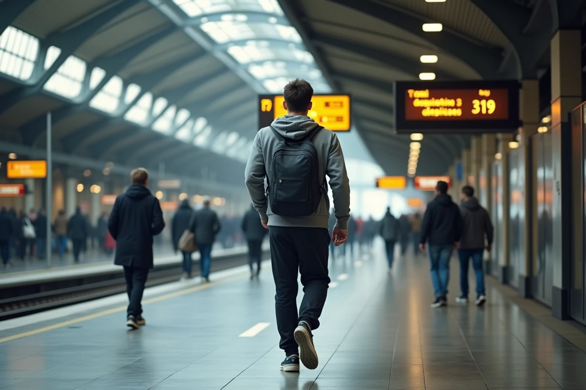 Voyageur en correspondance vers le TER dans le hall de la gare de Grenoble
