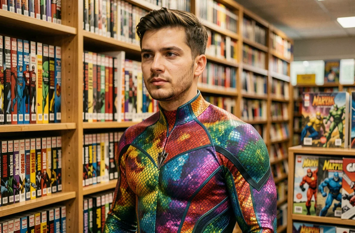 Homme en costume caméléon coloré dans une librairie de comics Marvel, entouré de graphic novels