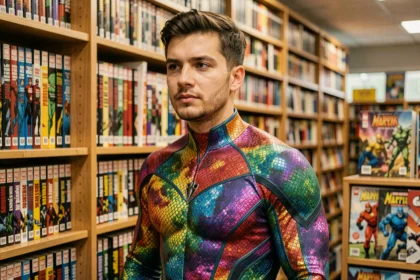 Homme en costume caméléon coloré dans une librairie de comics Marvel, entouré de graphic novels