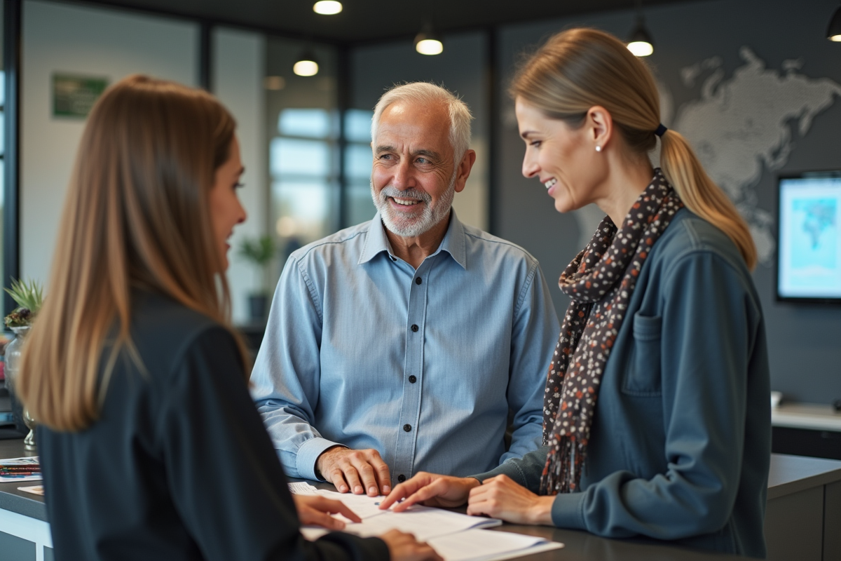Couple discutant avec un agent de voyage dans une agence