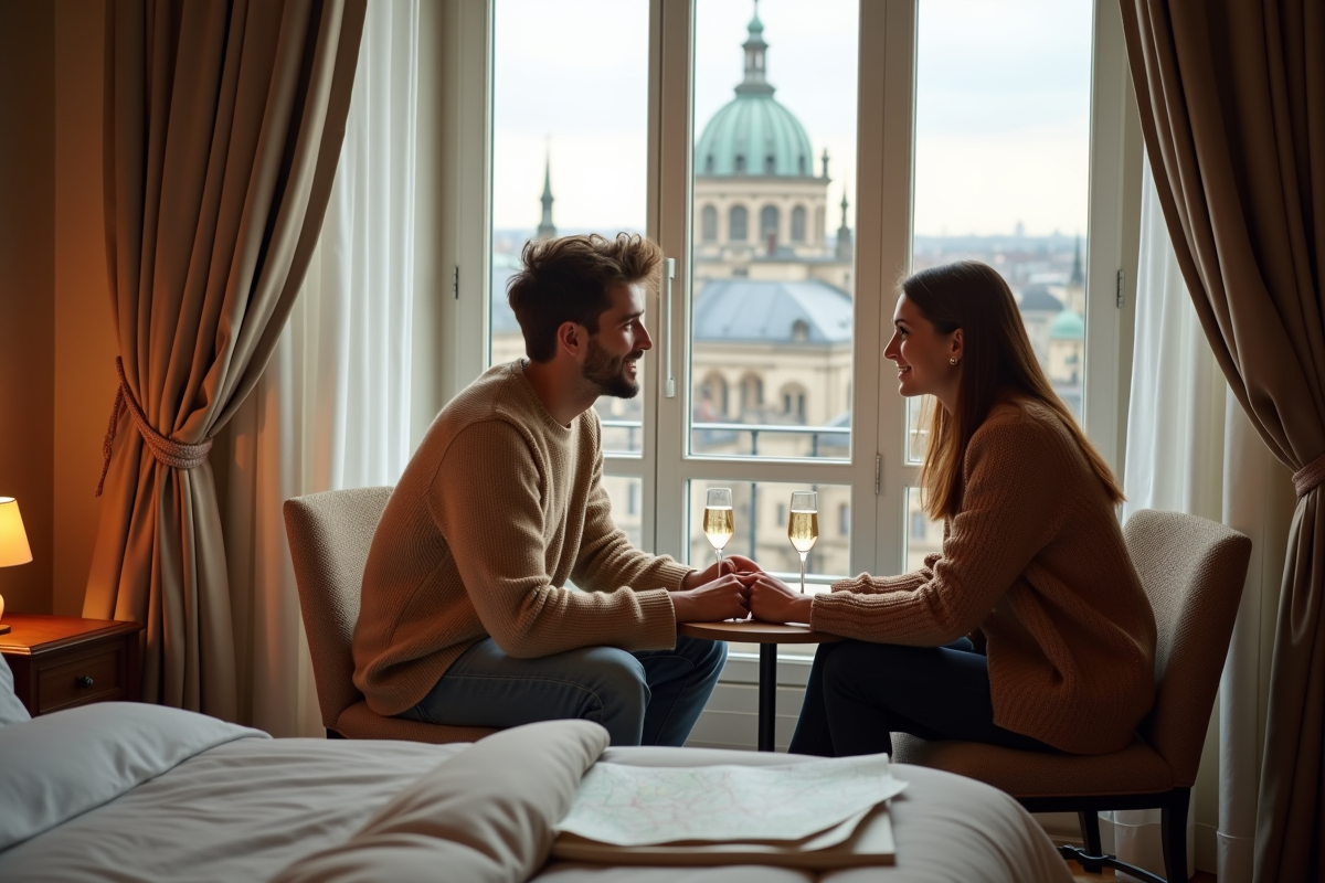 Jeune couple détendu avec champagne dans une chambre de Reims