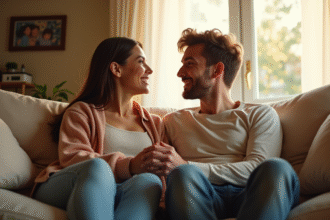Jeune couple assis sur un canapé lumineux en famille
