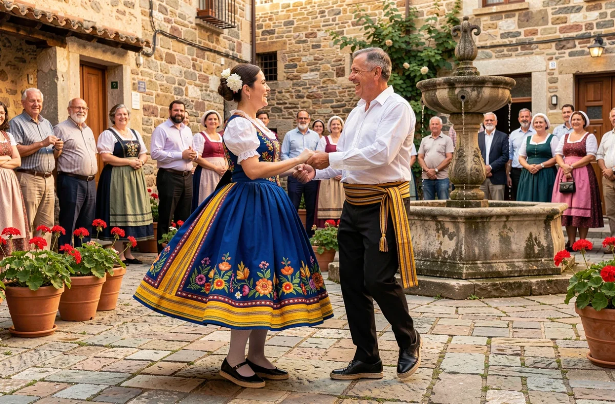 Couple de danseurs de jota aragonaise en costumes traditionnels brodés dans une cour en pierre d'un village rural espagnol