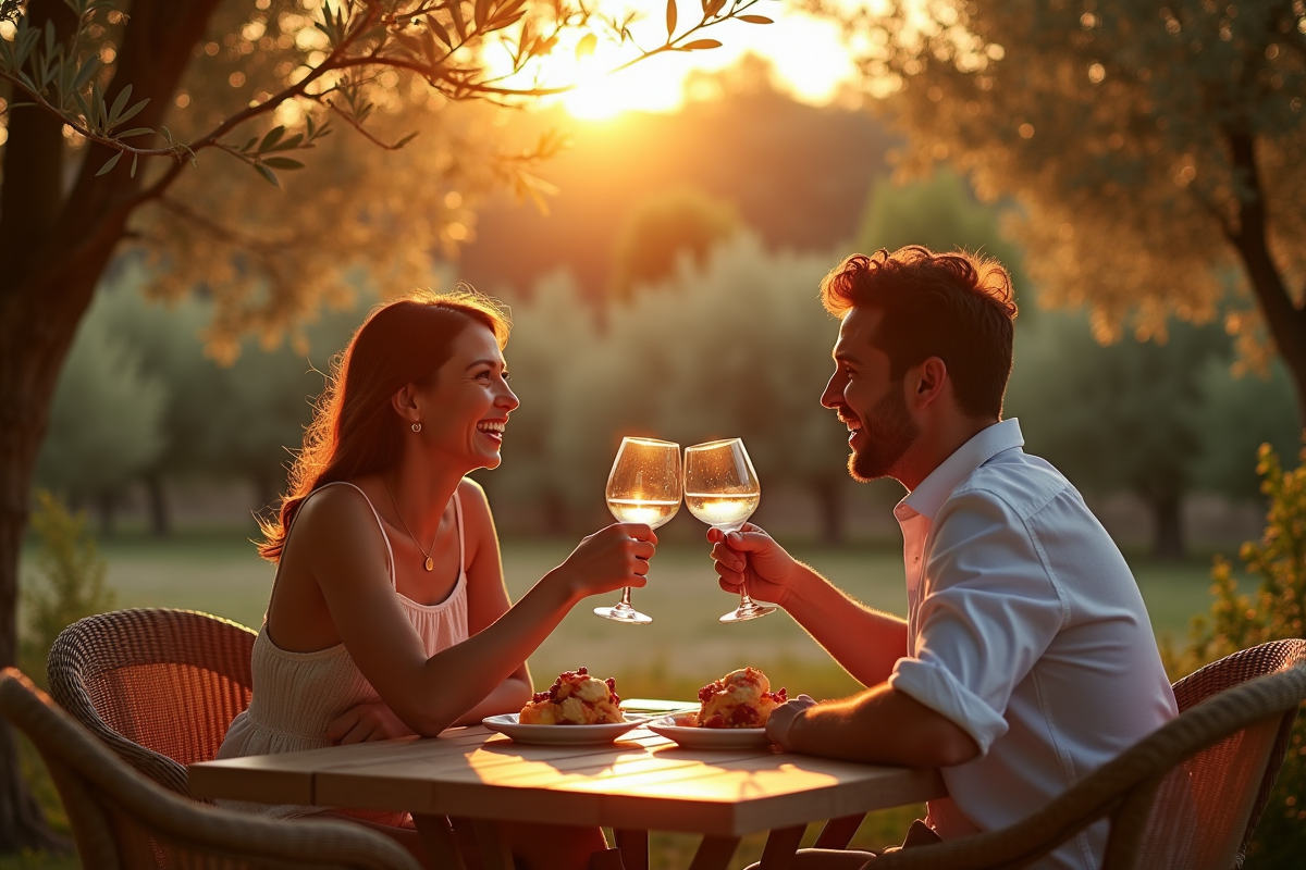 Couple riant et trinquant avec du vin dans un jardin méditerranéen