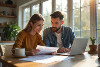 Couple moderne examinant documents immobiliers à la maison