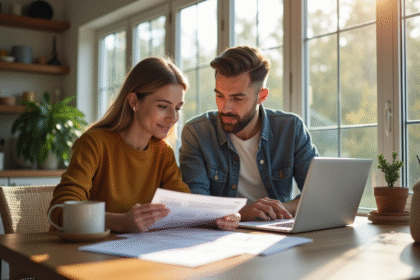 Couple moderne examinant documents immobiliers à la maison