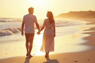 Couple marié main dans la main sur une plage ensoleillée