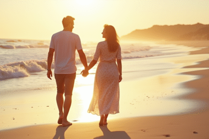 Couple marié main dans la main sur une plage ensoleillée