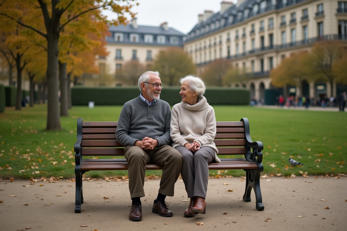 Couple retraité souriant dans un parc parisien