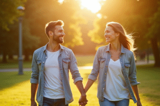 Couple souriant main dans la main dans un parc ensoleille