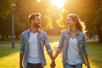 Couple souriant main dans la main dans un parc ensoleille