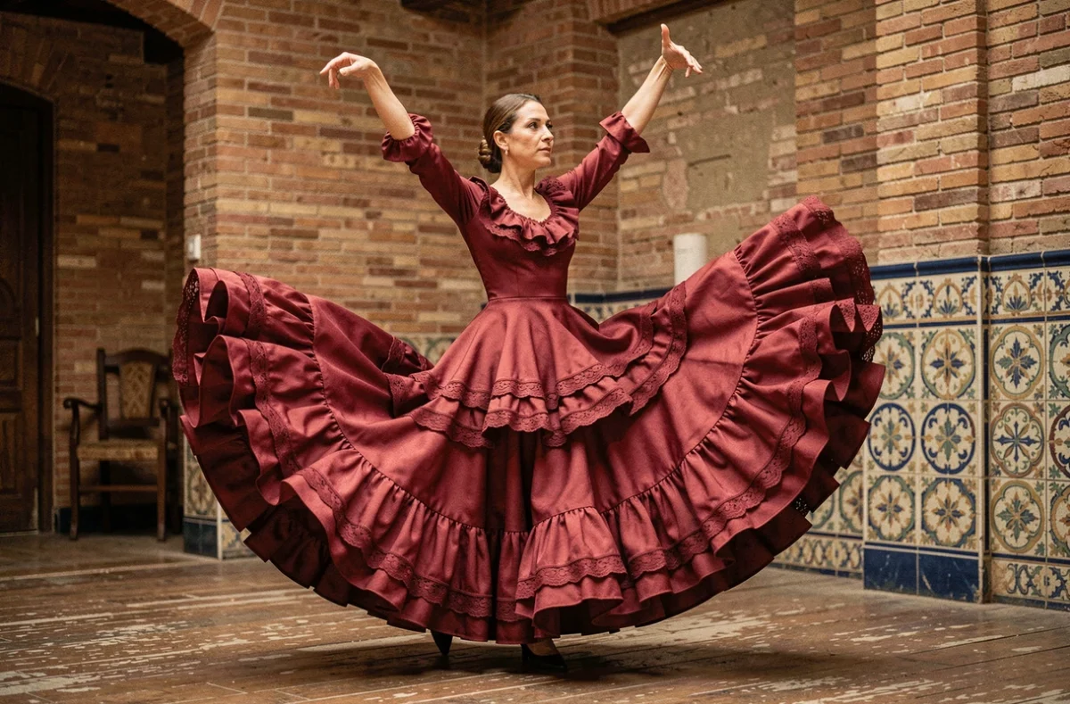 Danseuse de flamenco en robe rouge à volants lors d'une performance dans un tablao traditionnel de Séville