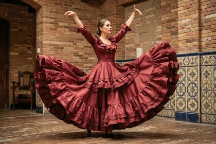 Danseuse de flamenco en robe rouge à volants lors d'une performance dans un tablao traditionnel de Séville