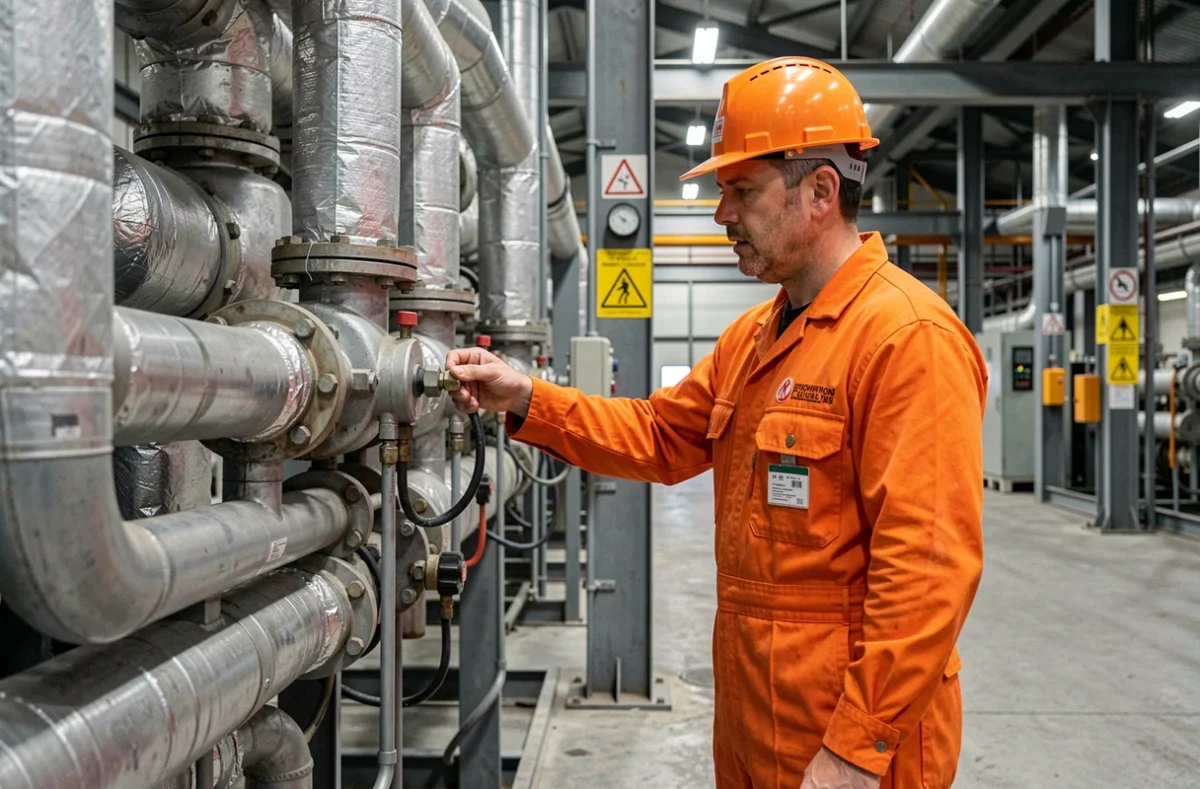 Un technicien de Delaunay Thermique Industrielle inspecte un échangeur de chaleur industriel avec réseau de tuyauteries et gaines isolées en usine