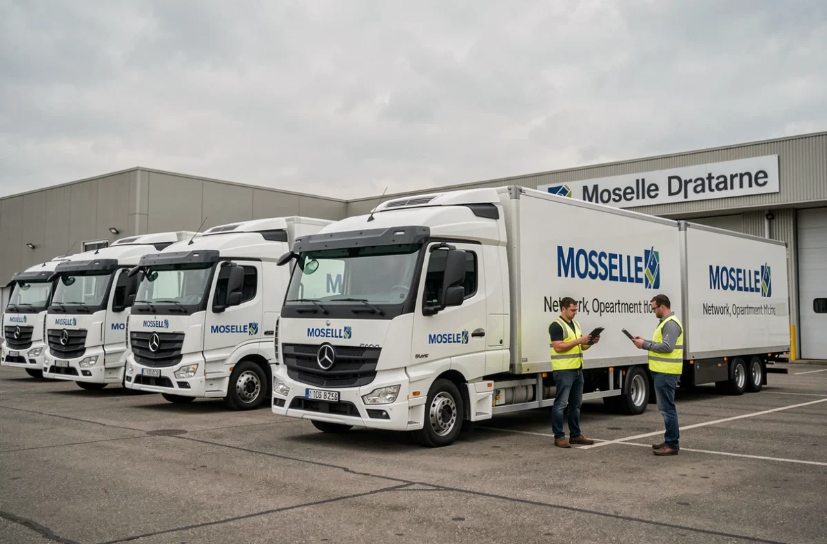 Flotte de camions Demeco Moselle dans un dépôt logistique du département