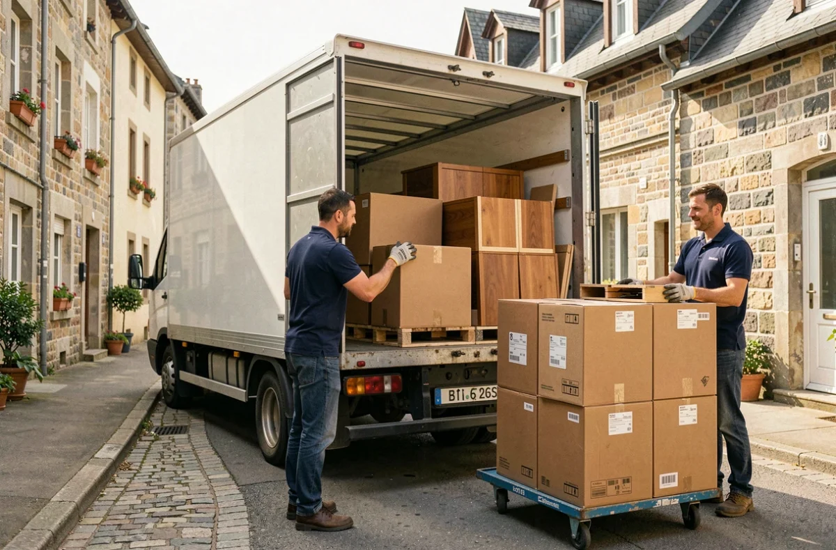 Équipe de déménageurs professionnels chargeant un camion dans une rue résidentielle de Moselle