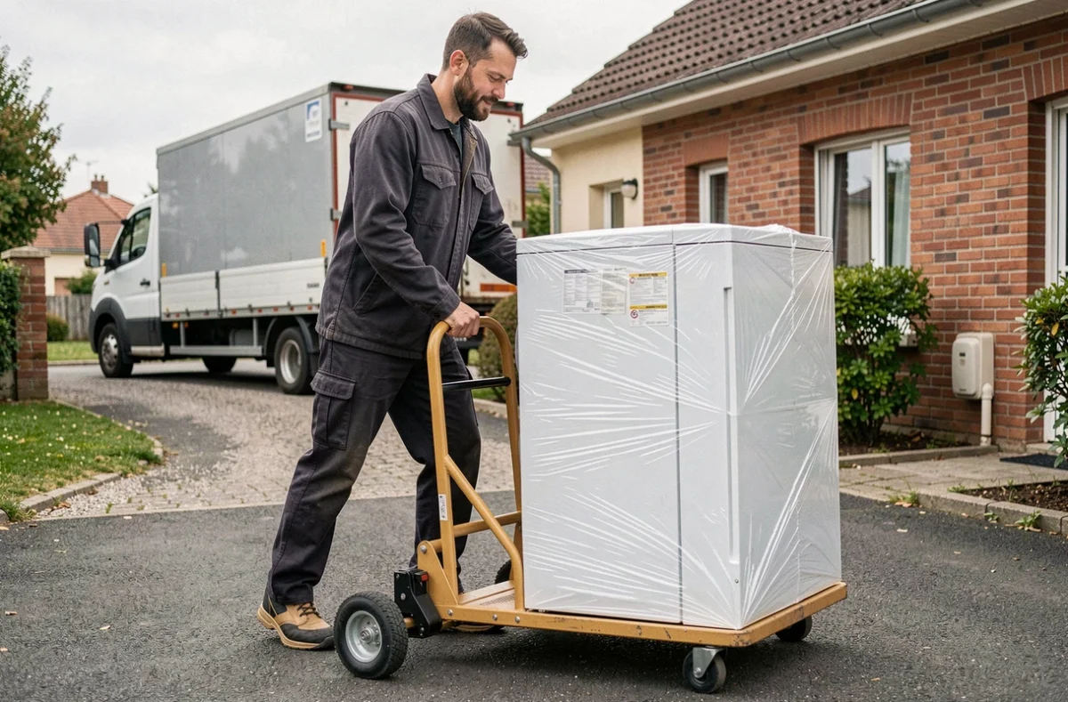 Déménageur Muller utilisant un diable hydraulique devant une maison dans le secteur de Sarreguemines