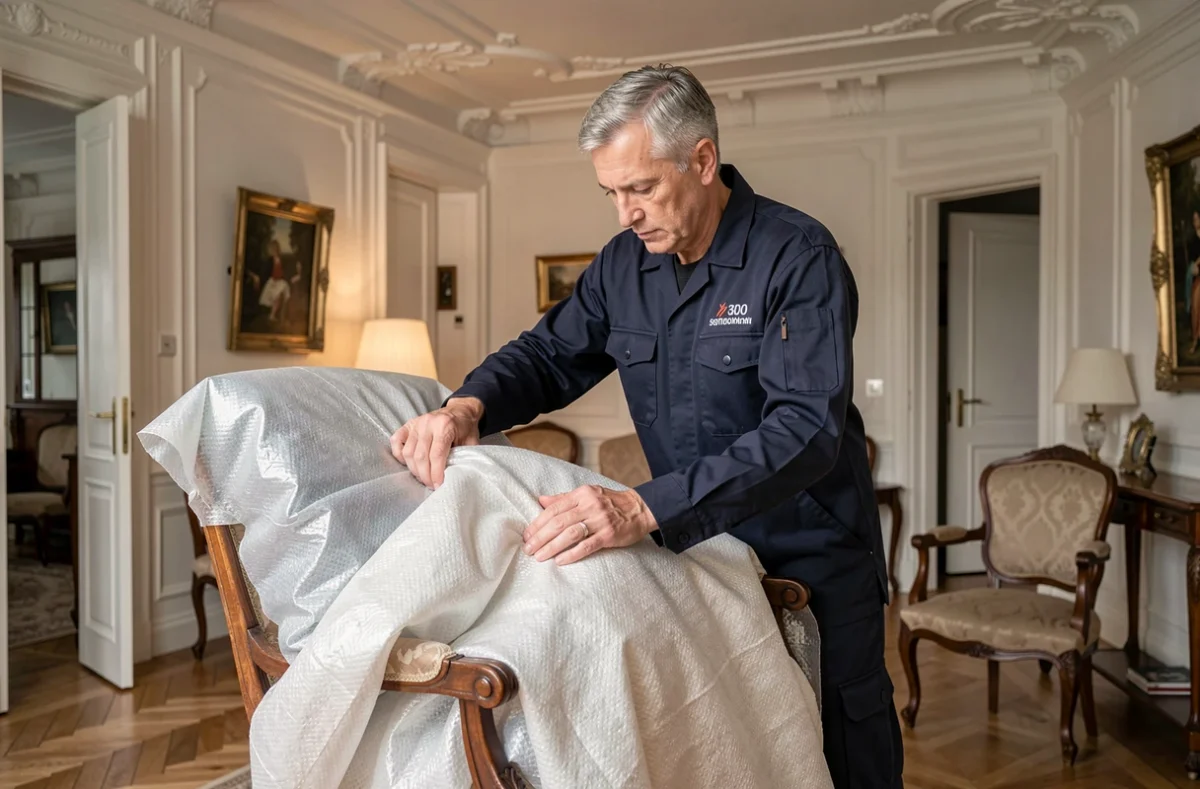 Déménageur Heiss Claude emballant soigneusement un fauteuil dans un appartement à Metz