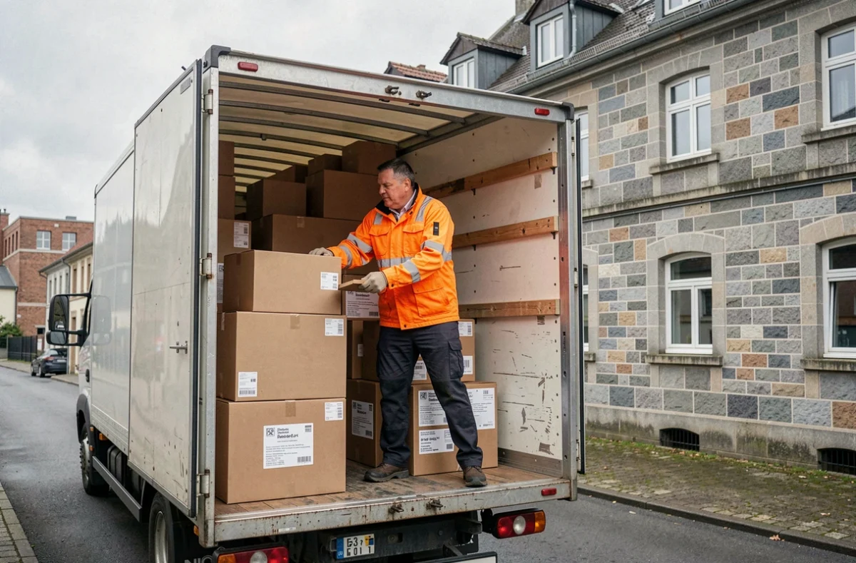 Déménageur de l'entreprise Lang empilant des cartons dans un camion devant une maison à Forbach