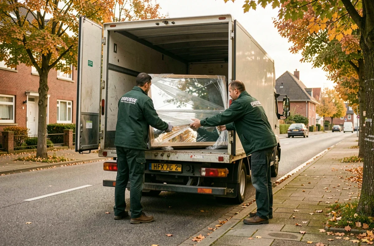Équipe Siedler chargeant un grand miroir emballé dans un camion de déménagement en périphérie de Metz