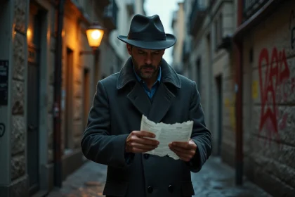 Détective espagnol en imperméable gris dans une ruelle pavée sombre de Madrid, inspectant un document sous la pluie