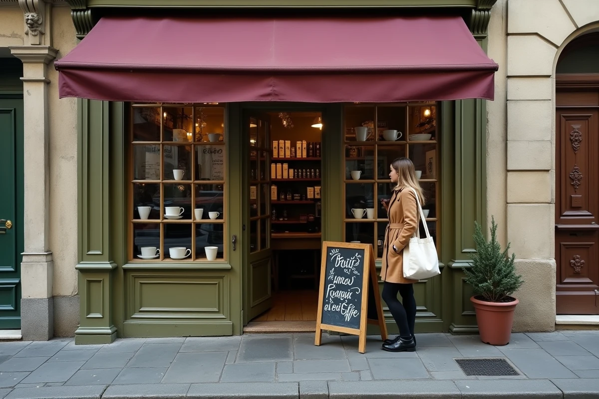 Devanture d'une boutique de café civette sur une rue pavée à Paris avec une jeune femme s'arrêtant devant la vitrine