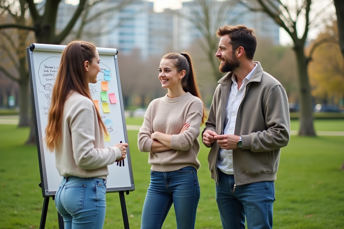 Jeunes femmes et homme discutant près d’un tableau blanc en parc
