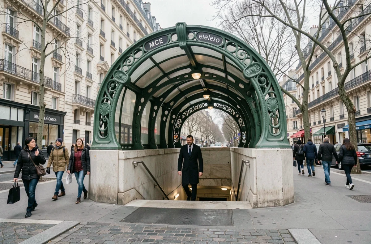 Entrée emblématique d'une station de métro parisienne avec une bouche Art Nouveau en fonte verte de style Guimard et des passants sur le trottoir