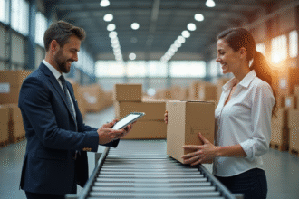Intérieur moderne d'un entrepôt logistique avec employés souriants