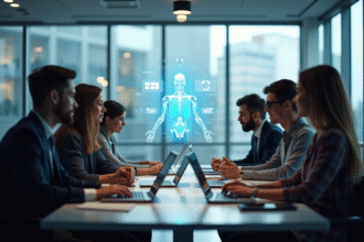 Groupe de collègues collaborant avec une IA holographique