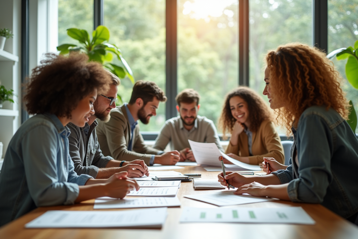 Groupe de professionnels collaborant sur des emballages écologiques